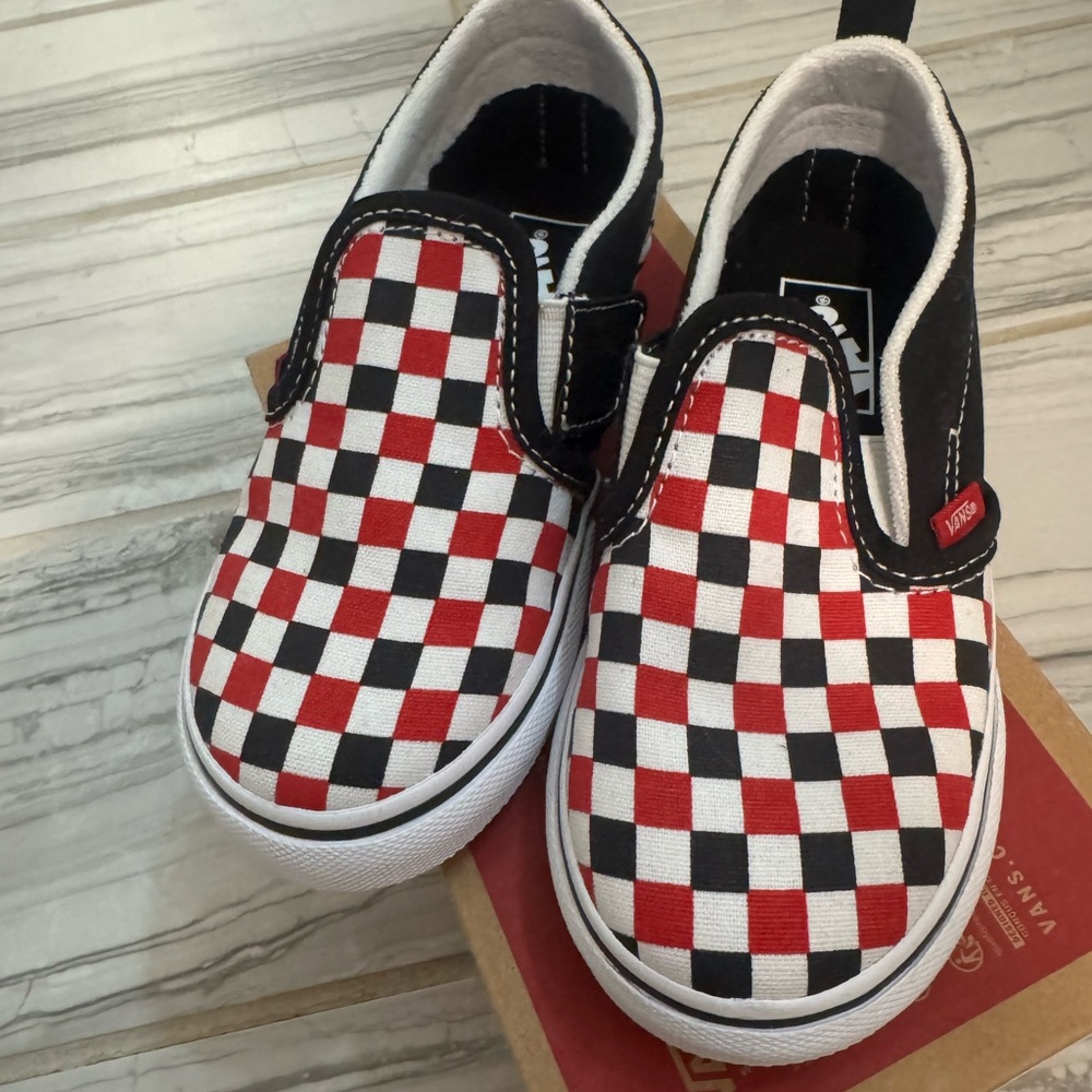 Vans Kids Red and Black Checkerboard Slip-Ons